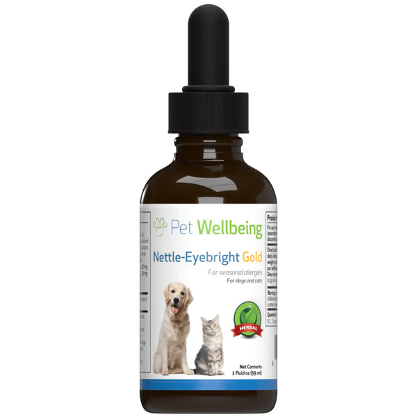 Pet Wellbeing Nettle Eyebright Gold, a natural cat supplement for seasonal allergies
