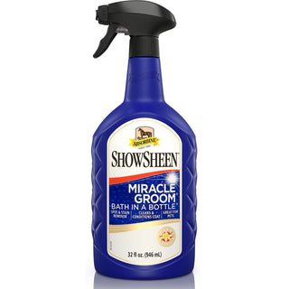 Showsheen Miracle Groom for horses is a 5 in 1 horse bath spray that does it all.