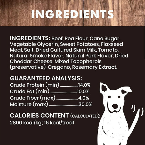 Nutritional information label on Cloud Star beef meatball dog treats package