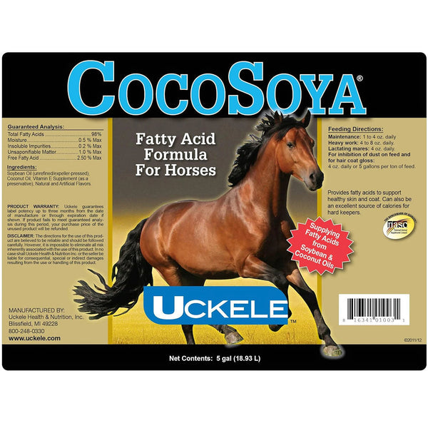 Close-up of Uckele CocoSoya nutritional supplement label for horses