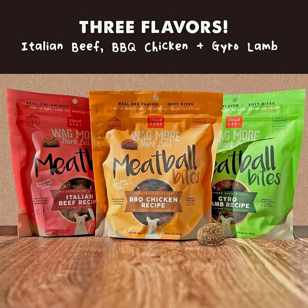 Assortment of Cloud Star Wag More Bark Less meatball treats in beef flavor