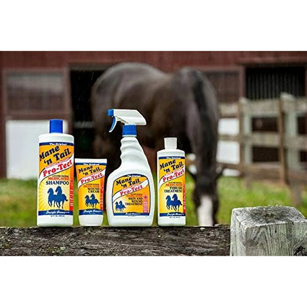 Horse standing behind the Mane 'n Tail Pro-Tect Antimicrobial Medicated Treatment Spray product display