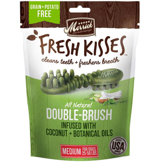 Close-up of Merrick Fresh Kisses dental treats with coconut oil infusion for dogs
