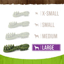 Size chart comparison for Merrick Fresh Kisses dental treats suitable for large, medium, and small dogs
