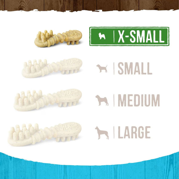 Size chart for Merrick Fresh Kisses Dog Dental Treats indicating small, medium, and large options