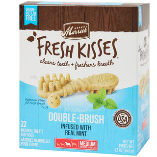Close-up of Merrick Fresh Kisses dog dental chews with teeth-cleaning design