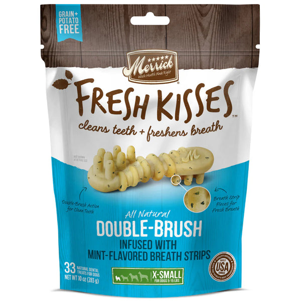 Close-up of Merrick Fresh Kisses dog dental treats with double-brush action