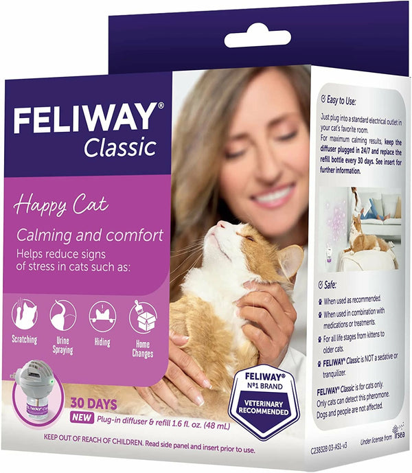 Cat looking content next to a Feliway Classic diffuser