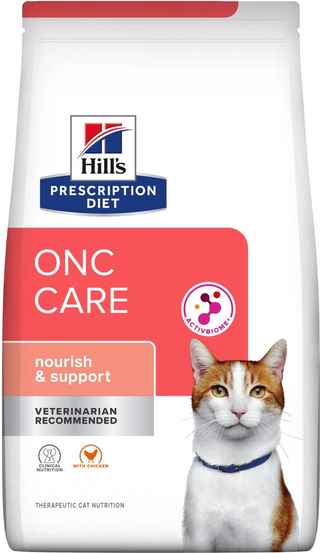 Hill's onc care cat food is chicken flavored and comes in a 7 lb bag