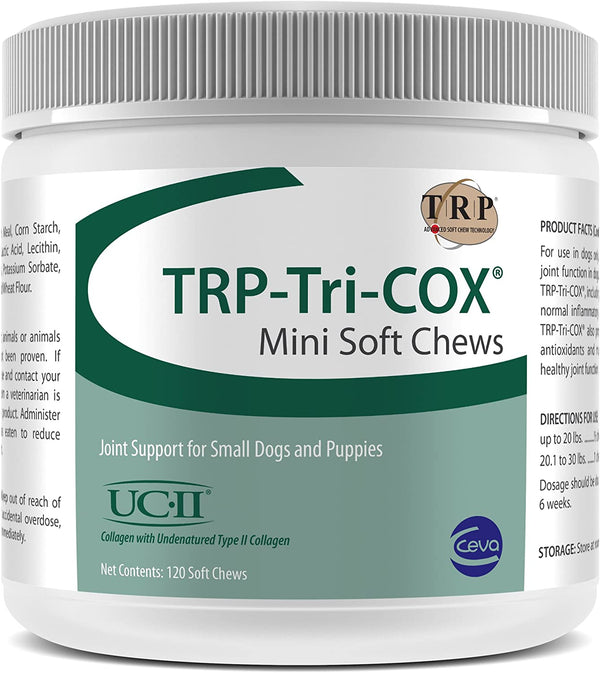TRP-Tri-Cox Joint Support container for small dogs and puppies against a white backdrop